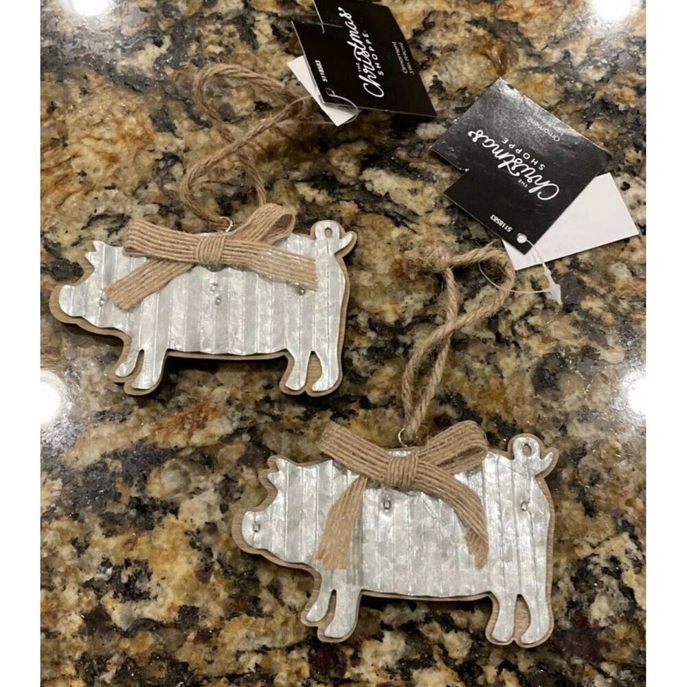 Rustic‎ Farm Animal Ornament Metal Wood Pig Christmas Holiday NEW Set Of 2